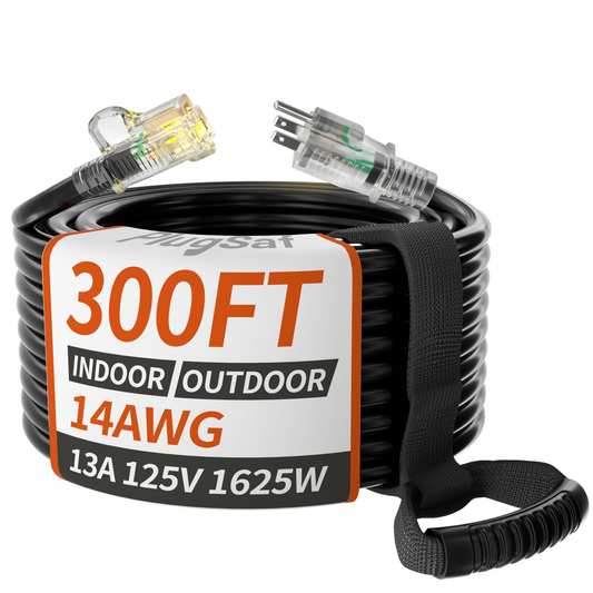 PlugSaf 14/3 Gauge Black Outdoor Extension Cord 300 ft Waterproof with Lighted