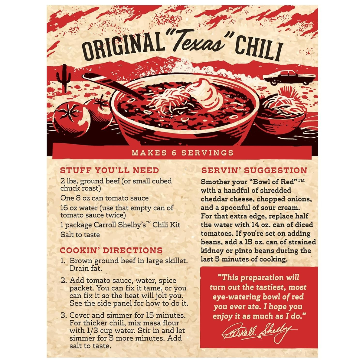Carroll Shelby's Original Texas Chili Kit 8 Pack 3.65 oz Gluten Free Hot or Mild