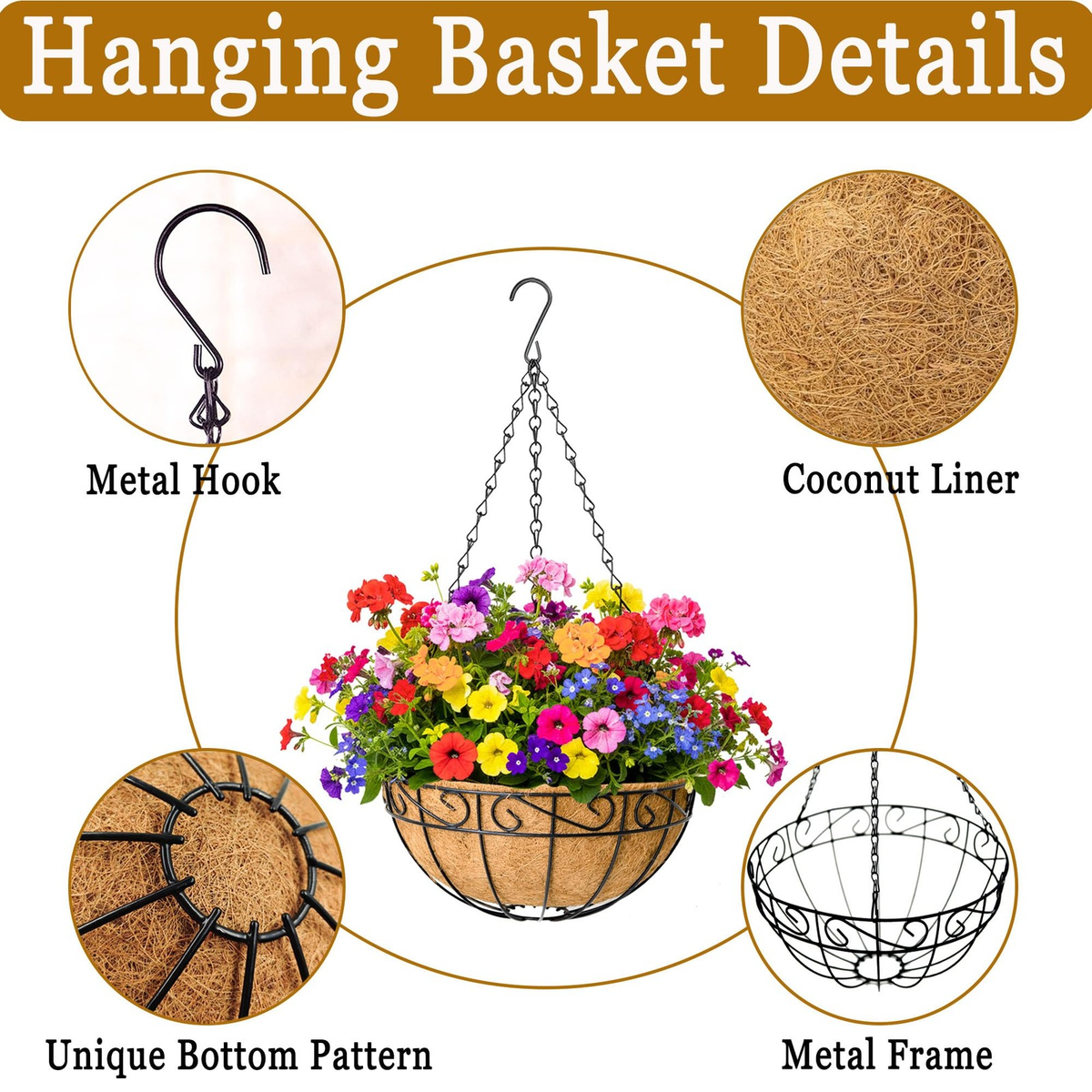14Inch Metal Hanging Planters  4 Pack Flower Pots for Indoor & Outdoor Decor