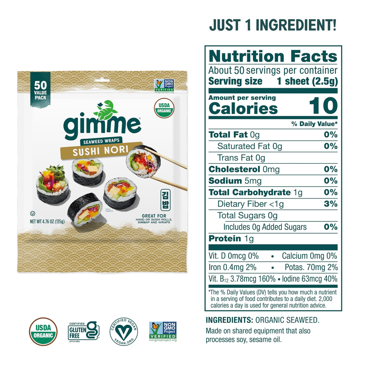 Gimme Organic Sushi Nori Seaweed Snacks 50 Count Premium Gluten Free Vegan Keto