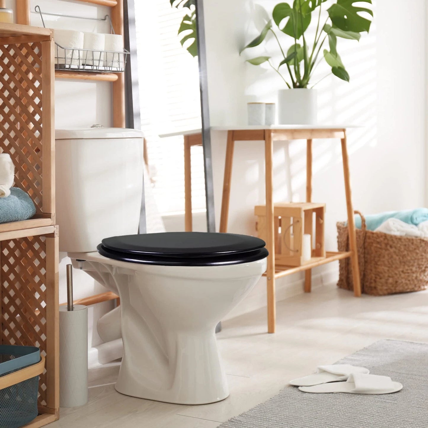 Black Round Soft Close Toilet Seat Wooden Durable Rust Resistant Easy Clean