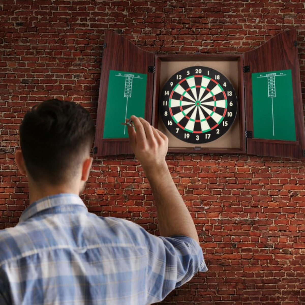 Dart Board Cabinet Set with 18-inch Dartboard, 6 Steel-Tip Darts, and Chalkbo...