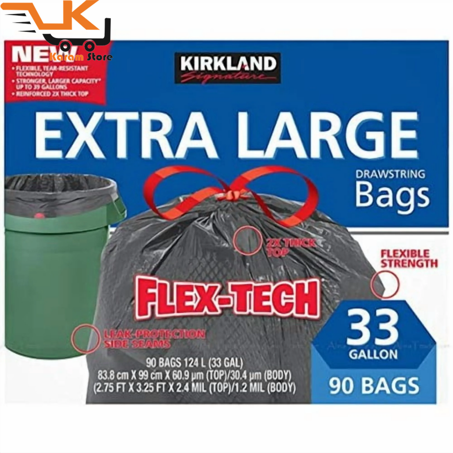 Kirkland Signature Flex-Tech 33 Gallon Trash Bags, 90 Count. Strong, flexible, tear-resistant garbage bags for large bins, home, office, and outdoor use. Free shipping.