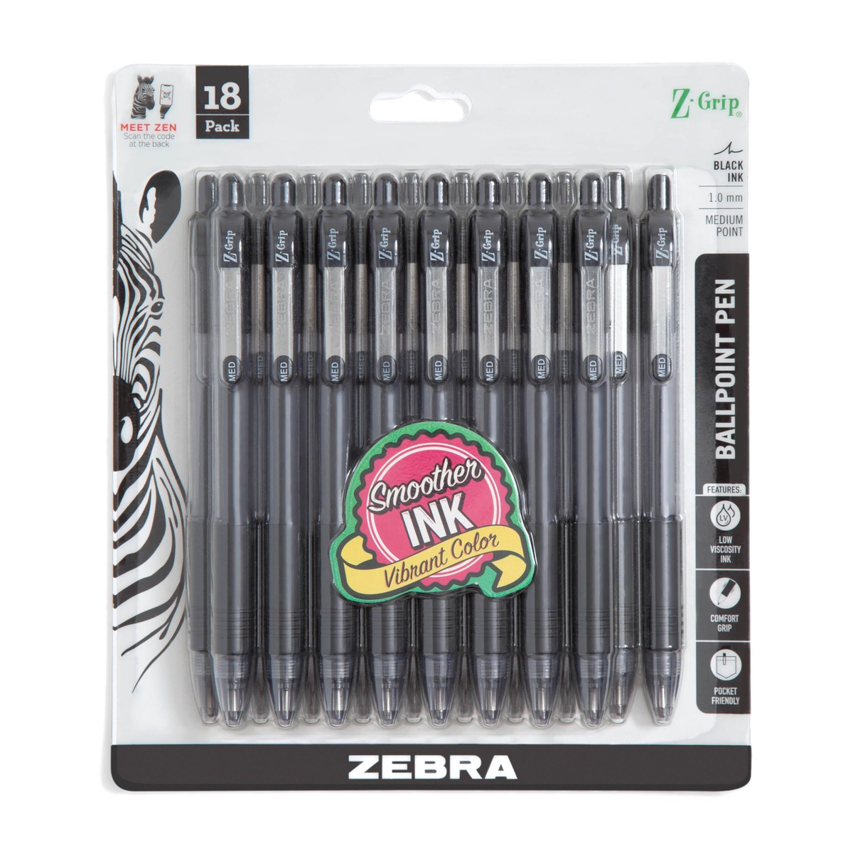 Zebra Z-Grip Retractable Ballpoint Pens 18 Pack 1.0mm Medium Black Ink