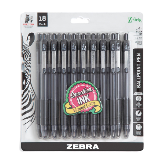 Zebra Z-Grip Retractable Ballpoint Pens 18 Pack 1.0mm Medium Black Ink