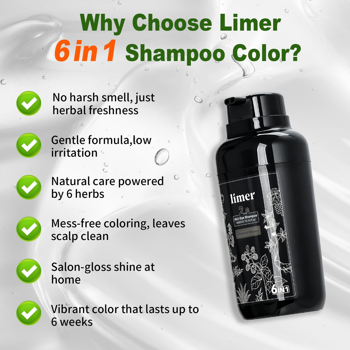Limer Natural Black Hair Dye Shampoo | 3-in-1 Gray Coverage Hair Color | Ammonia-Free | 460 mL | FREE SHIPPING 🖤