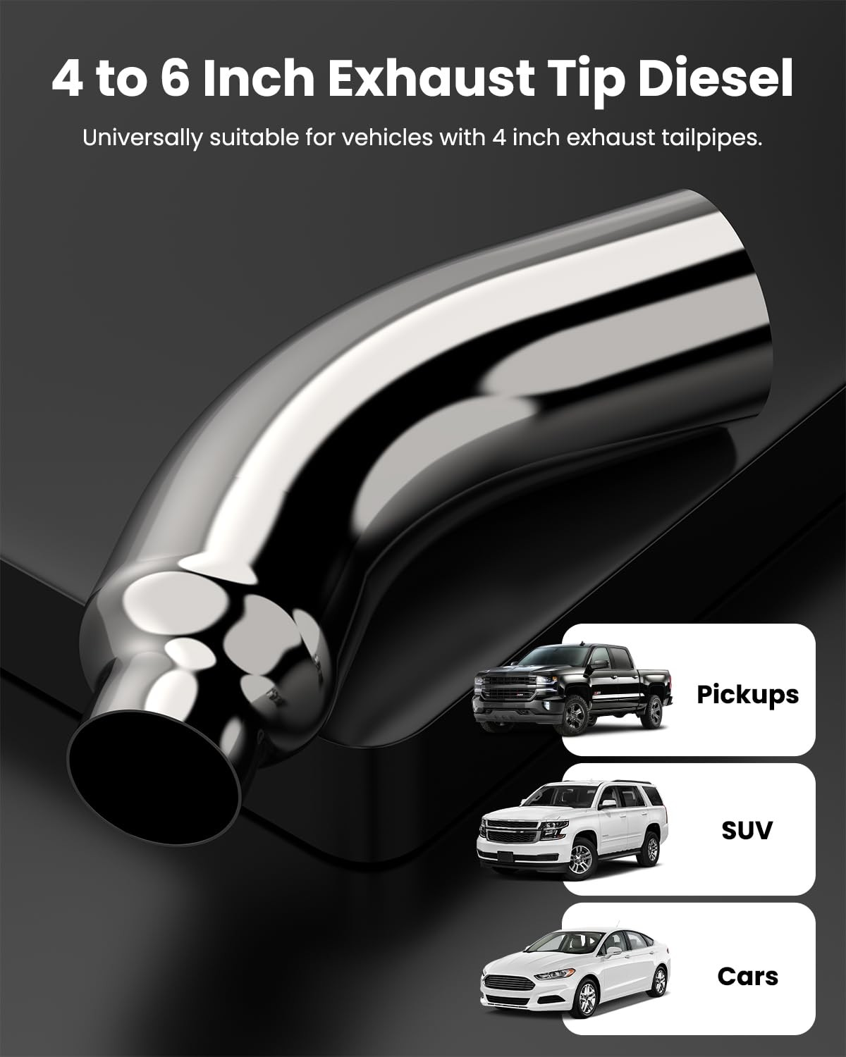 4" Diesel Exhaust Tip Elbow, Chrome 6" Outlet, 23" Long with Clamp