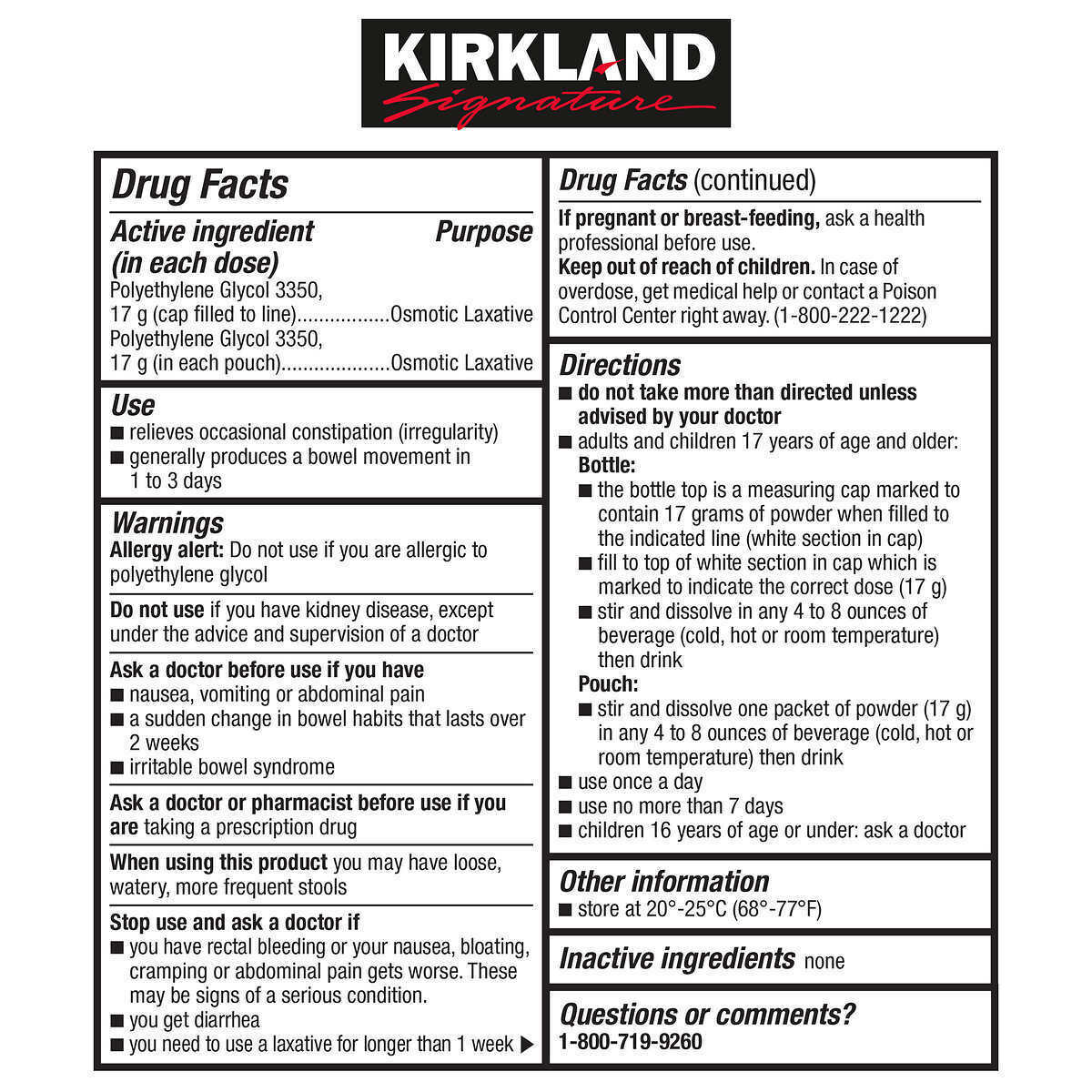 Kirkland Signature LaxaClear 100 Doses Polyethylene Glycol 3350 Powder Laxative
