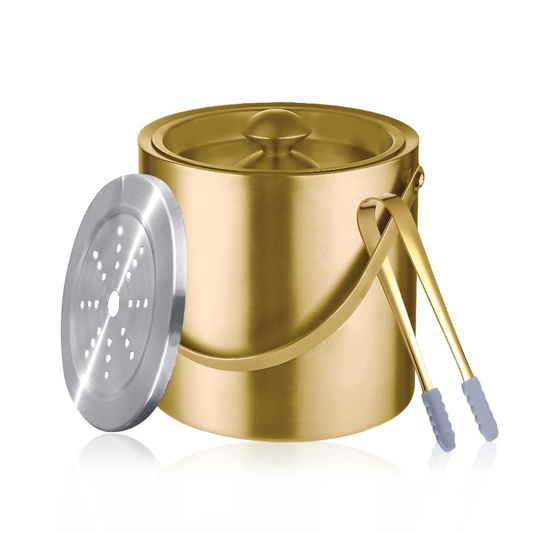 Gold Ice Bucket with Lid, Handle and Tong Insulated Stainless Steel Champagne...