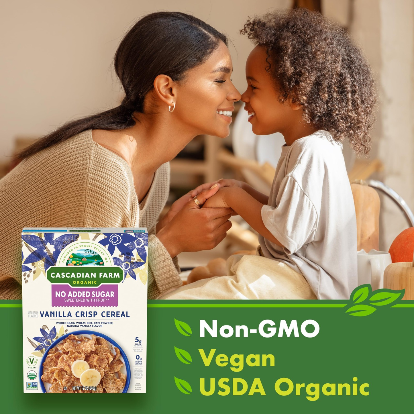 Cascadian Farm Organic No Added Sugar Vanilla Crisp Cereal 12 Ounce Box
