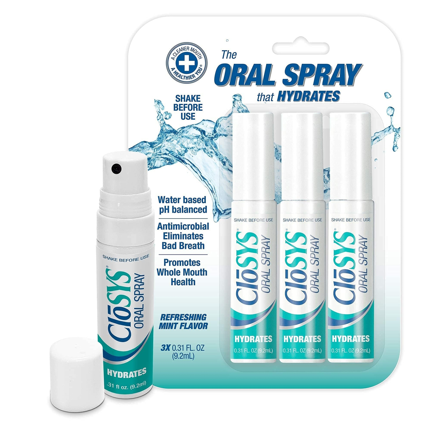 3pk CloSYS Oral Breath Spray Mint Sugar Free pH Balanced for Bad Breath 0.31oz