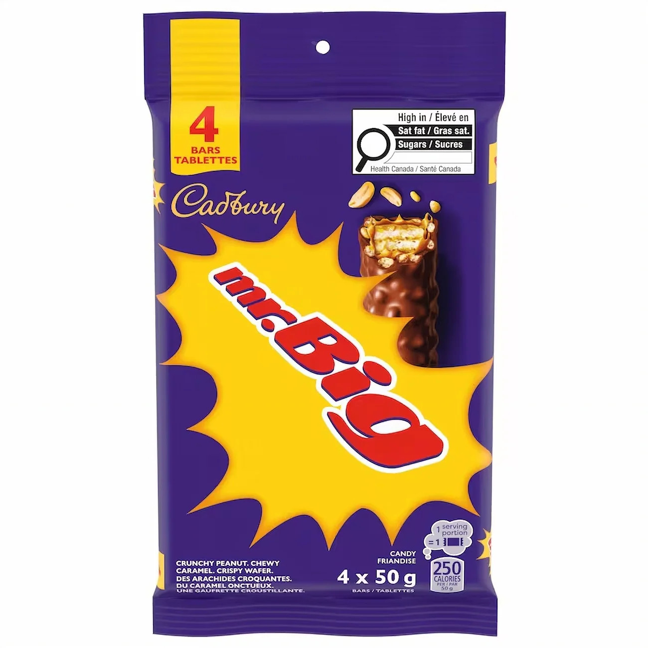 Cadbury Mr. Big Full Size Chocolate Bars, Individually Wrapped Candy - 4x50g