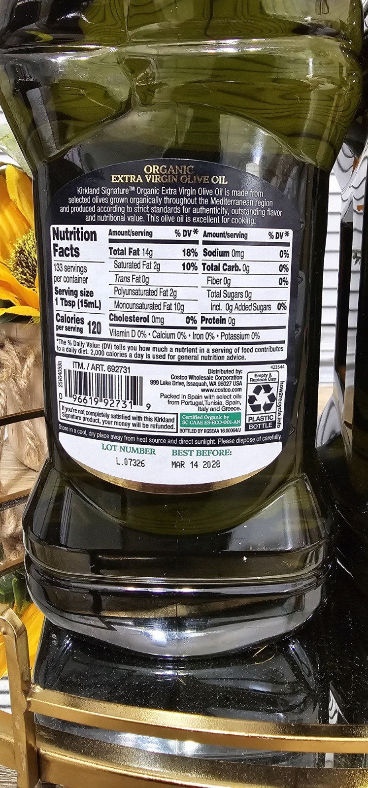 2 Bottles Kirkland Signature, Organic Extra Virgin Olive Oil, 68 fl oz /2 Liters