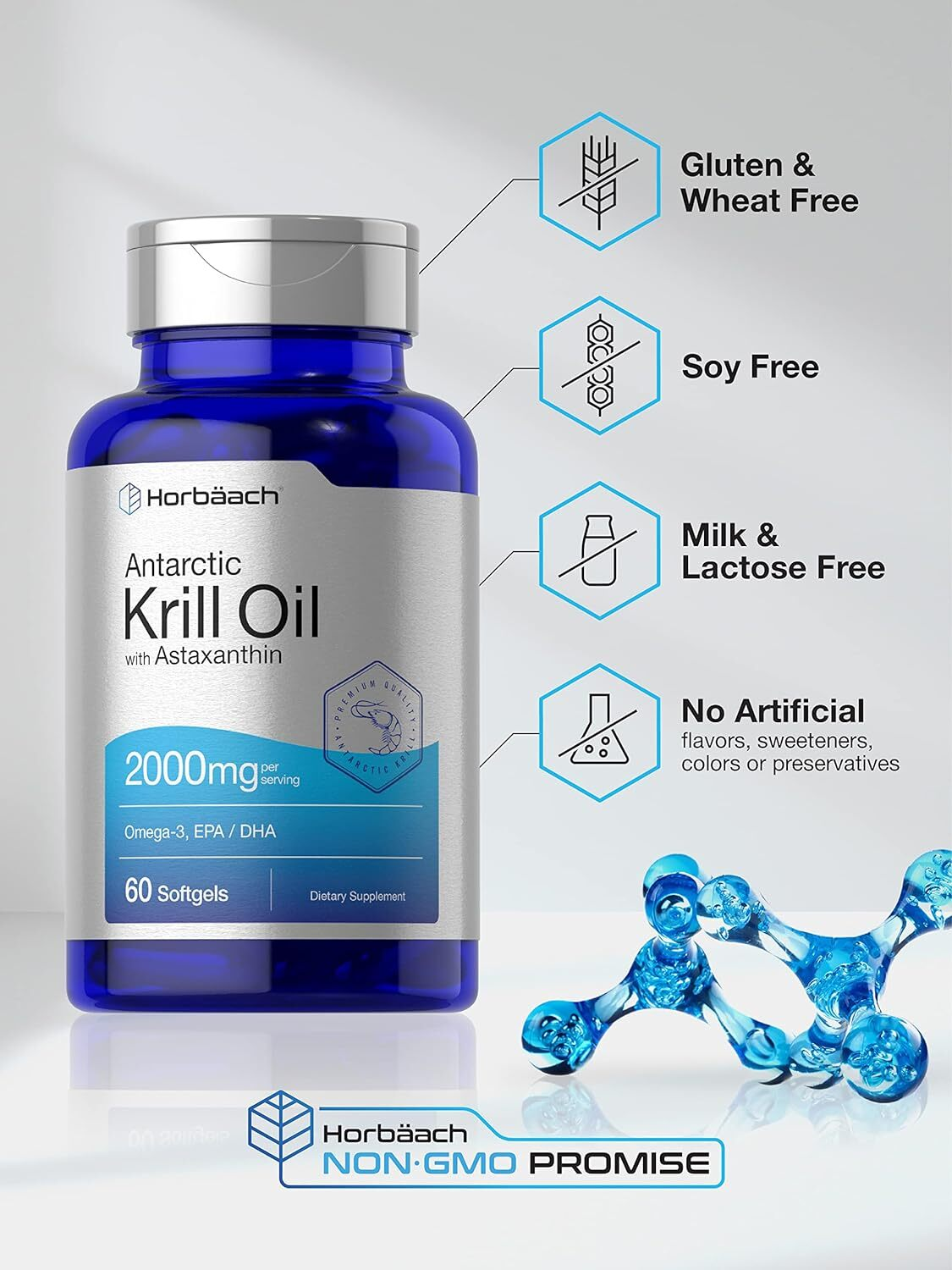 Horbaach Krill Oil 2000mg Omega-3 Softgels 60 Count Nutritional Supplement