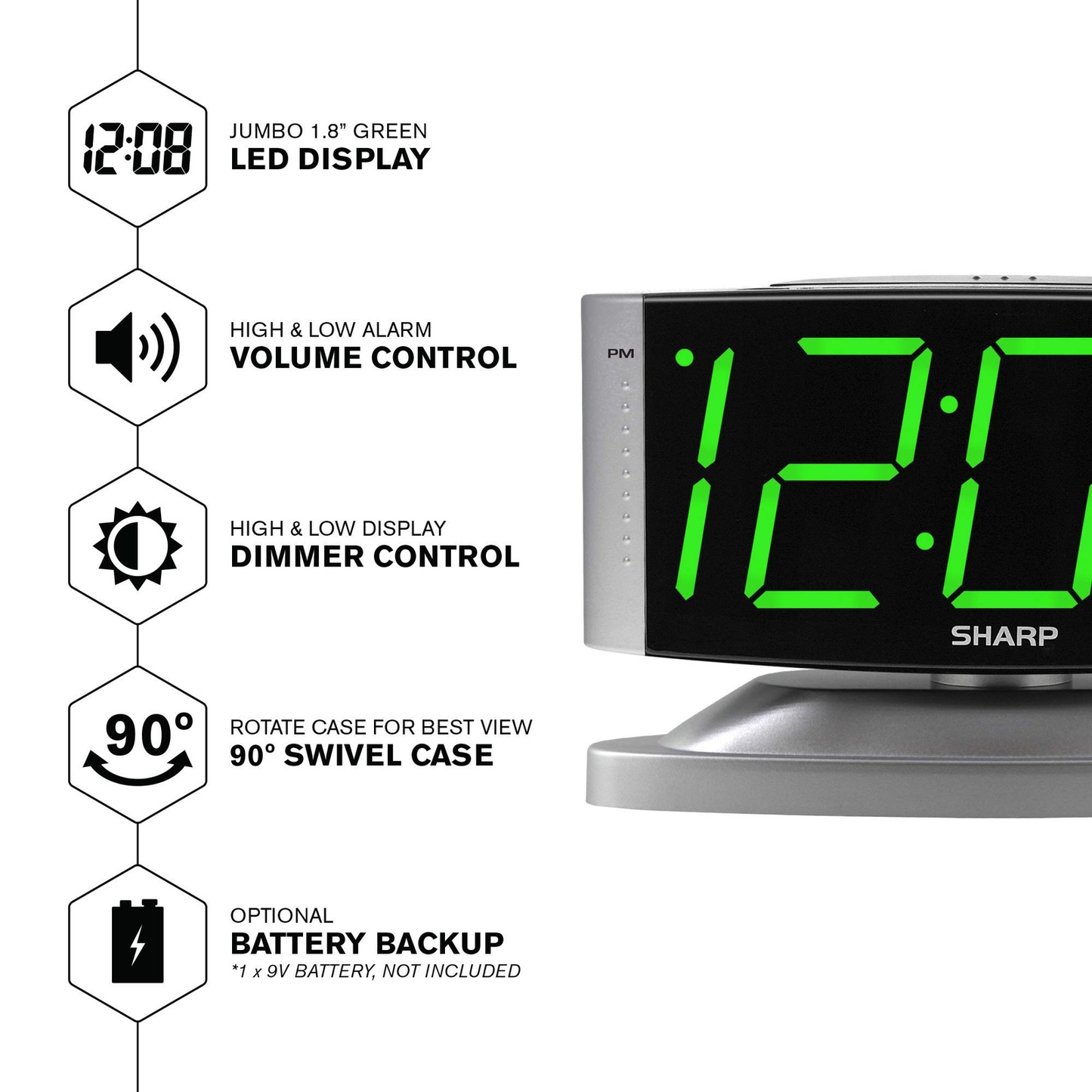 SHARP Home LED Digital Alarm Clock with Swivel Base Outlet Powered Easy Read Display Free shipping