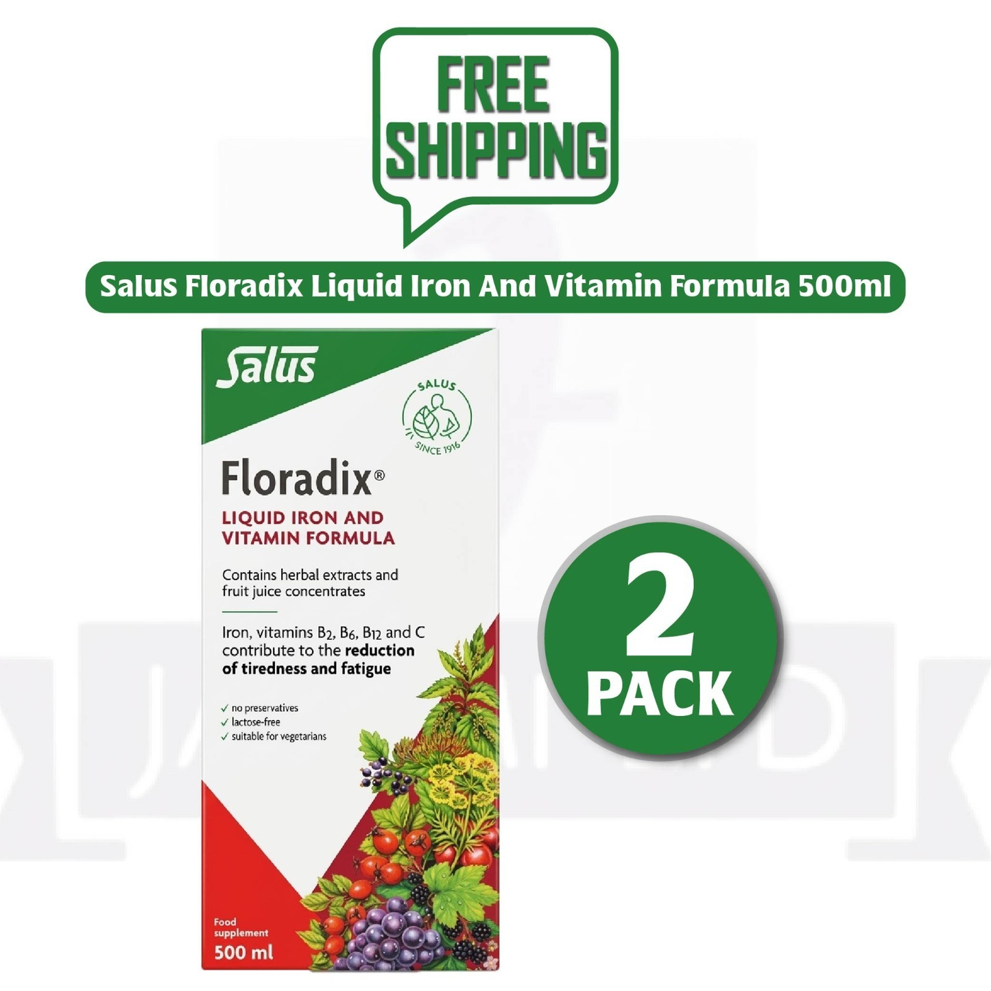 Floradix Liquid Iron & Vitamin Formula 500ml Pack of 2 from UK – High Absorption Energy Supplement – Free Shipping