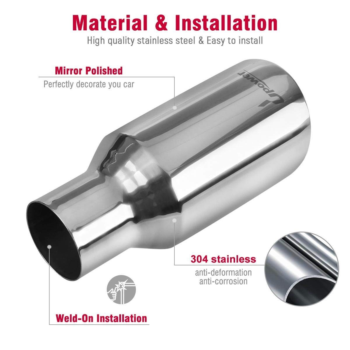 Upower Pack of 2 Exhaust Tips – 2.5" Inlet, 4" Outlet, 9" Long, 304 Stainless Steel