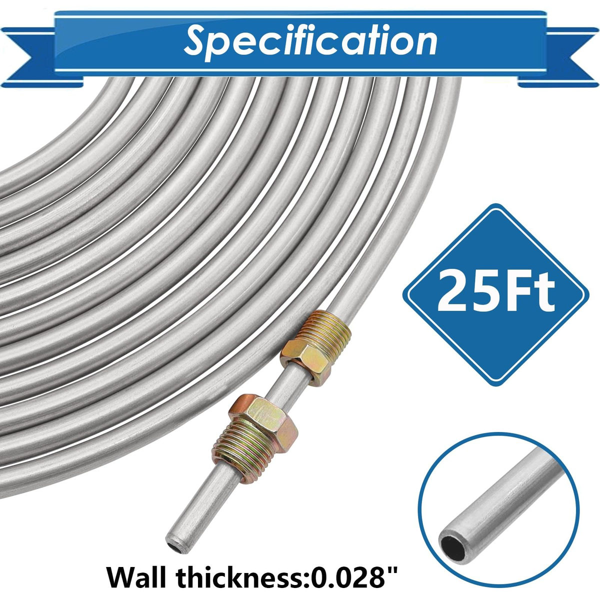 25ft Brake Line Tubing Kit  1/4 Inch Zinc Coated Alloy with 16 Fittings
