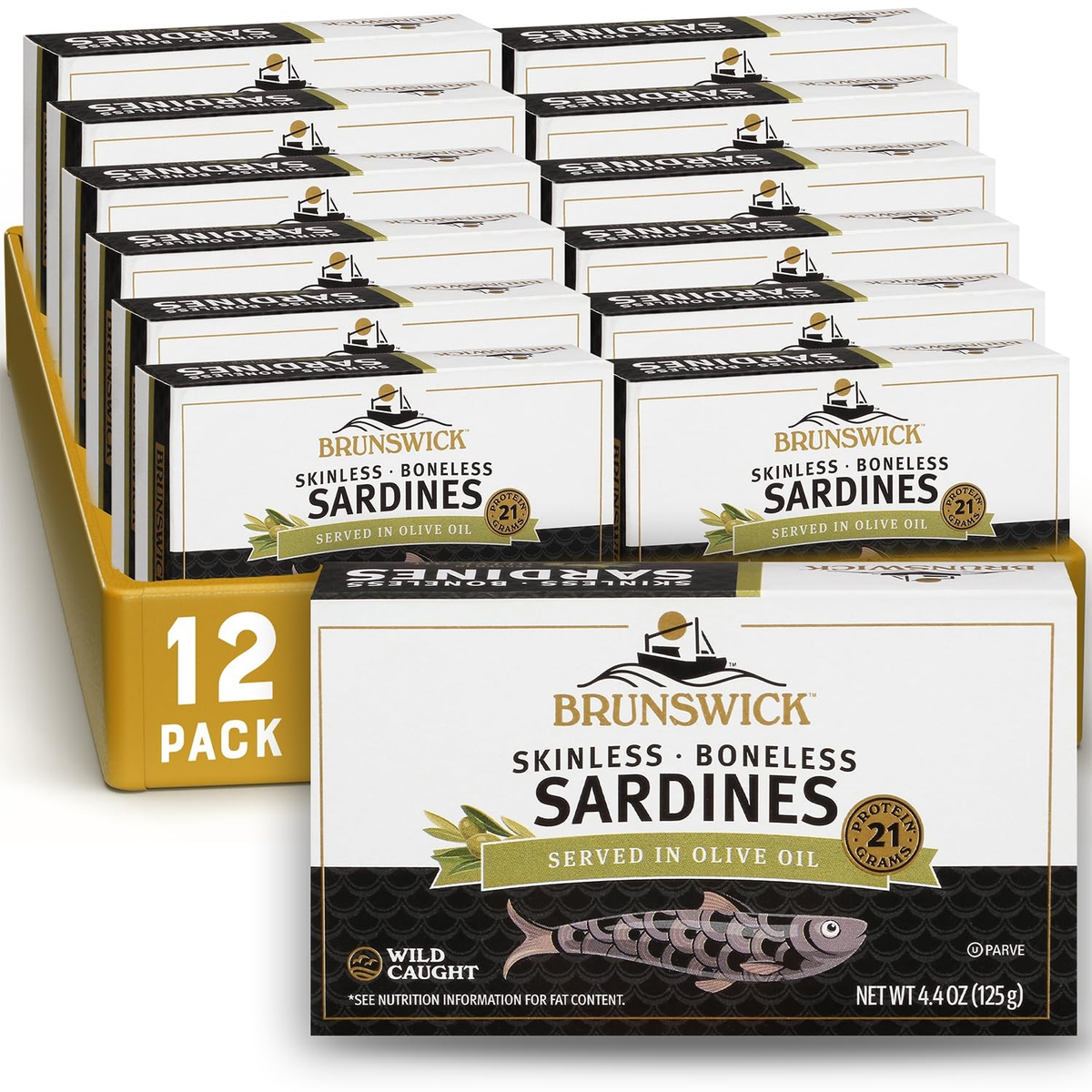 Brunswick Wild Caught Skinless and Boneless Sardines, Served in Olive Oil, 4....