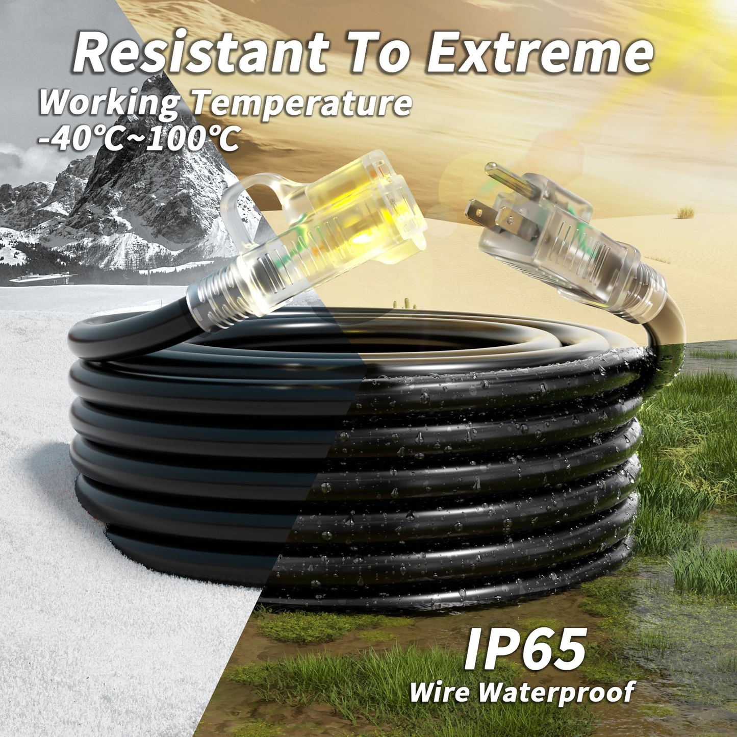 PlugSaf 14/3 Gauge Black Outdoor Extension Cord 300 ft Waterproof with Lighted