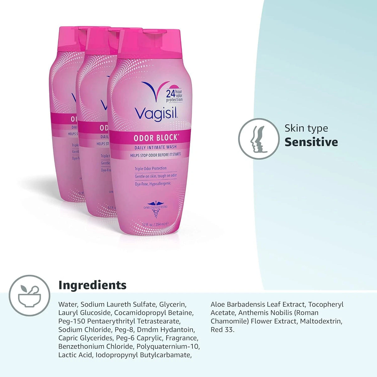 Vagisil Odor Block Daily Intimate Wash | 3 x 12 fl oz | Triple Odor Protection | pH Balanced | FREE SHIPPING