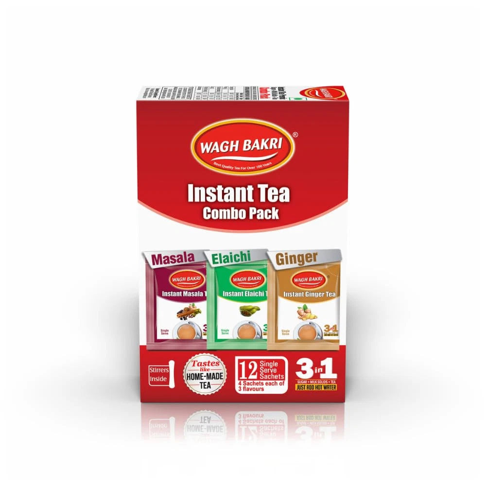 Wagh Bakri Instant Tea Premix Combo 12 Sachets | Cardamom, Ginger & Masala Chai Mix