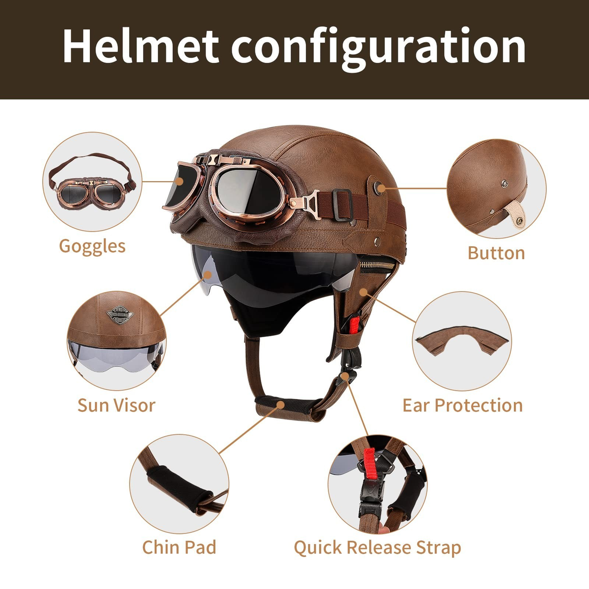 German Style Leather Motorcycle Half Helmet for Adults Men Women, DOT Approve...