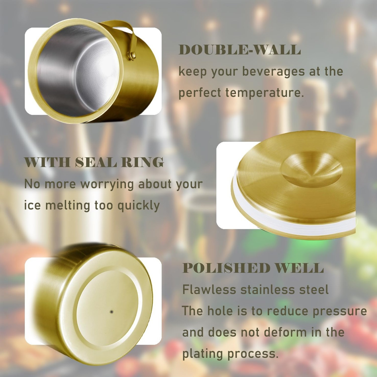 Gold Ice Bucket with Lid, Handle and Tong Insulated Stainless Steel Champagne...