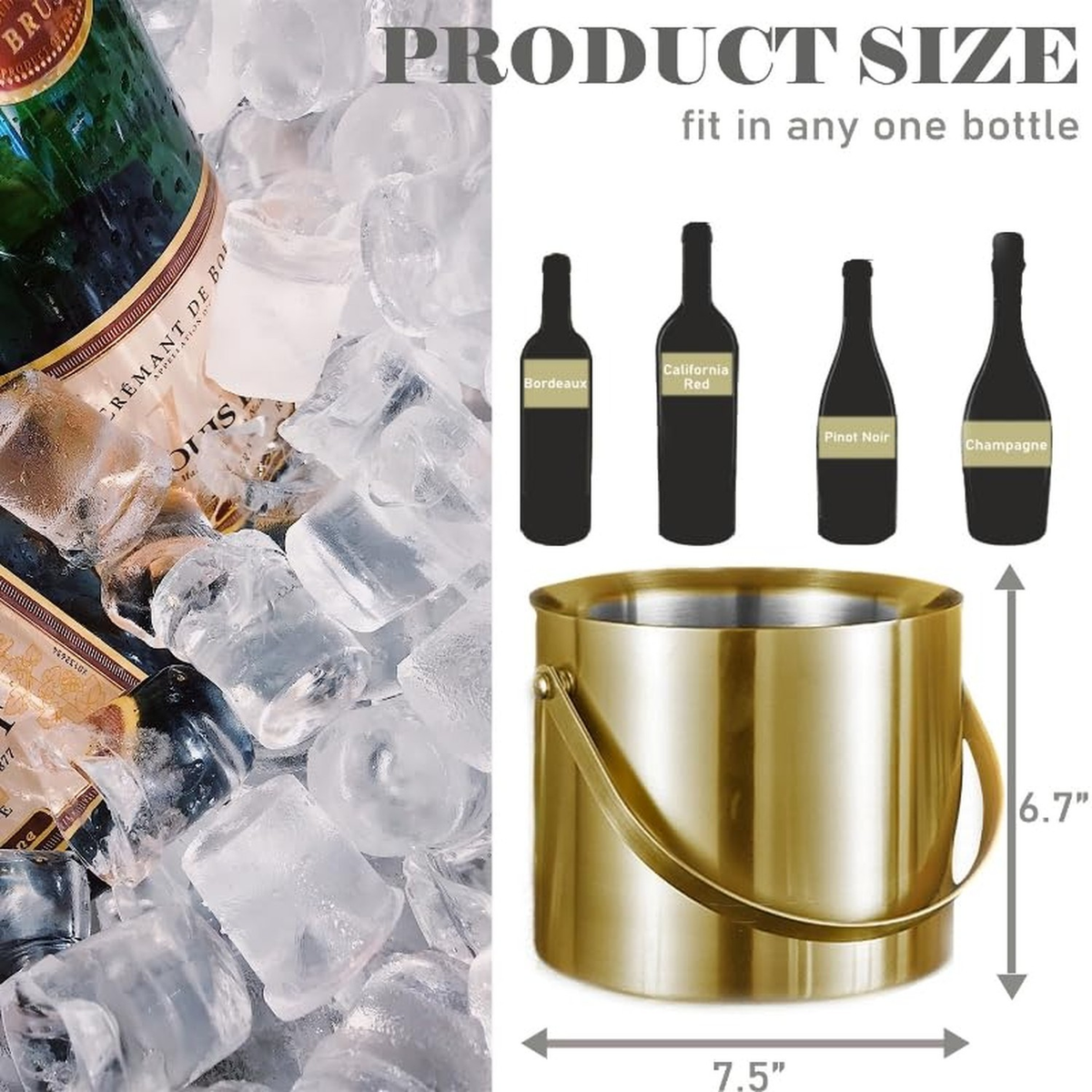 Gold Ice Bucket with Lid, Handle and Tong Insulated Stainless Steel Champagne...