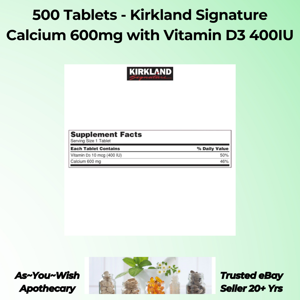 Kirkland Calcium 600mg with Vitamin D3 Tablets 500