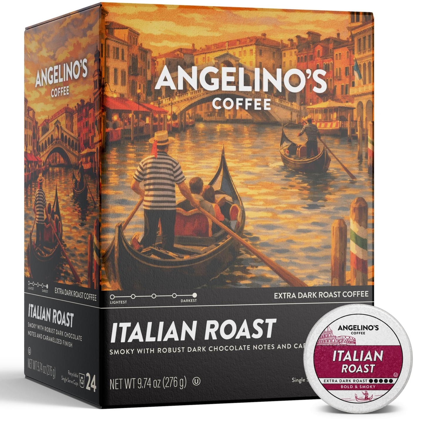 Angelino's Italian Roast Coffee Pods Extra Dark Roast Keurig Compatible 24 Count-Free Shipping