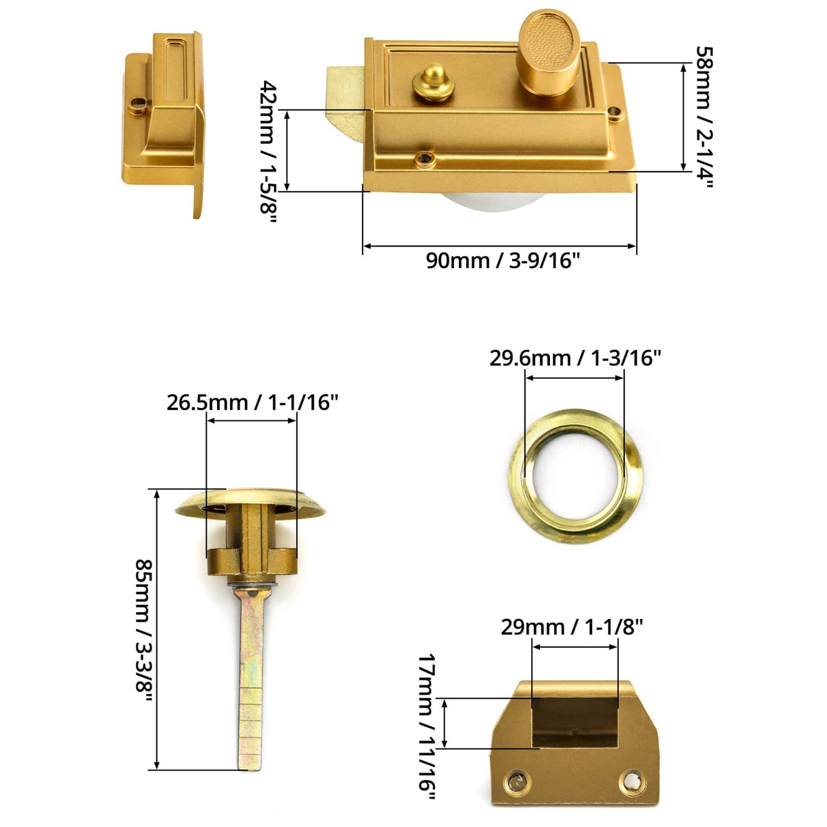 Antique Gold Brass Rim Night Latch Deadbolt Lock Single Cylinder 2 Keys