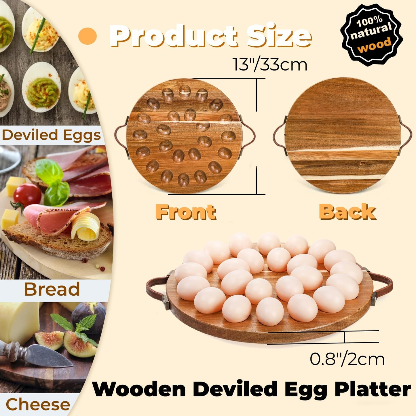 Acacia Wood Deviled Egg Platter with Handles for Easter, 24 Holes round Deviled