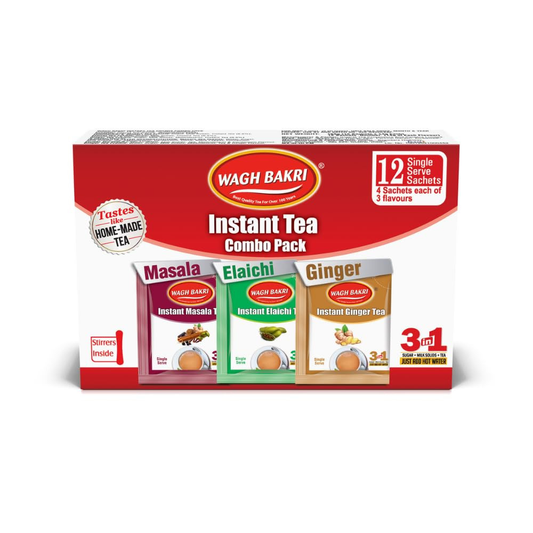 Wagh Bakri Instant Tea Premix Combo 12 Sachets | Cardamom, Ginger & Masala Chai Mix