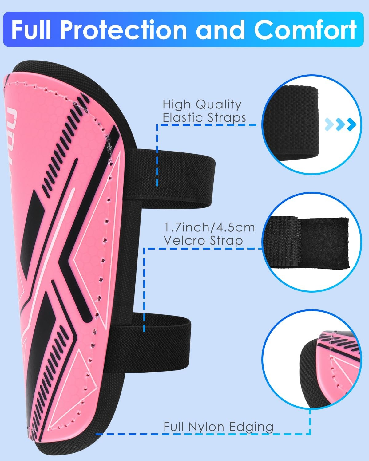 Youth Soccer Shin Guards with Ankle Protection, Adjustable Straps, Pink