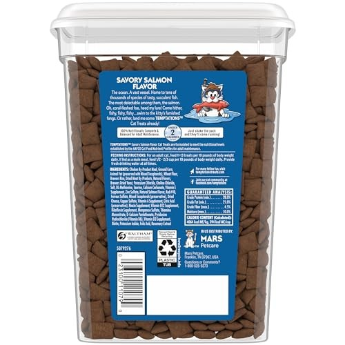 TEMPTATIONS Classic Crunchy & Soft Cat Treats Savory Salmon Flavor 16 oz Tub