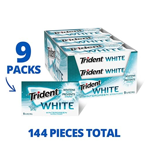 Trident White Wintergreen Sugar Free Gum | 16 Packs x 9 Pieces | 144 Total Pieces | Teeth Whitening Gum | FREE SHIPPING 🌿🦷