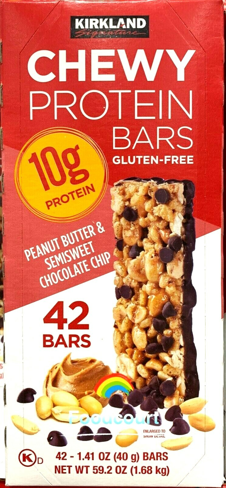 Kirkland Signature Chewy Protein Bars 🥜🍫 with peanut butter and semisweet chocolate chips. 42 individually wrapped 1.41 oz bars with 10g protein each.