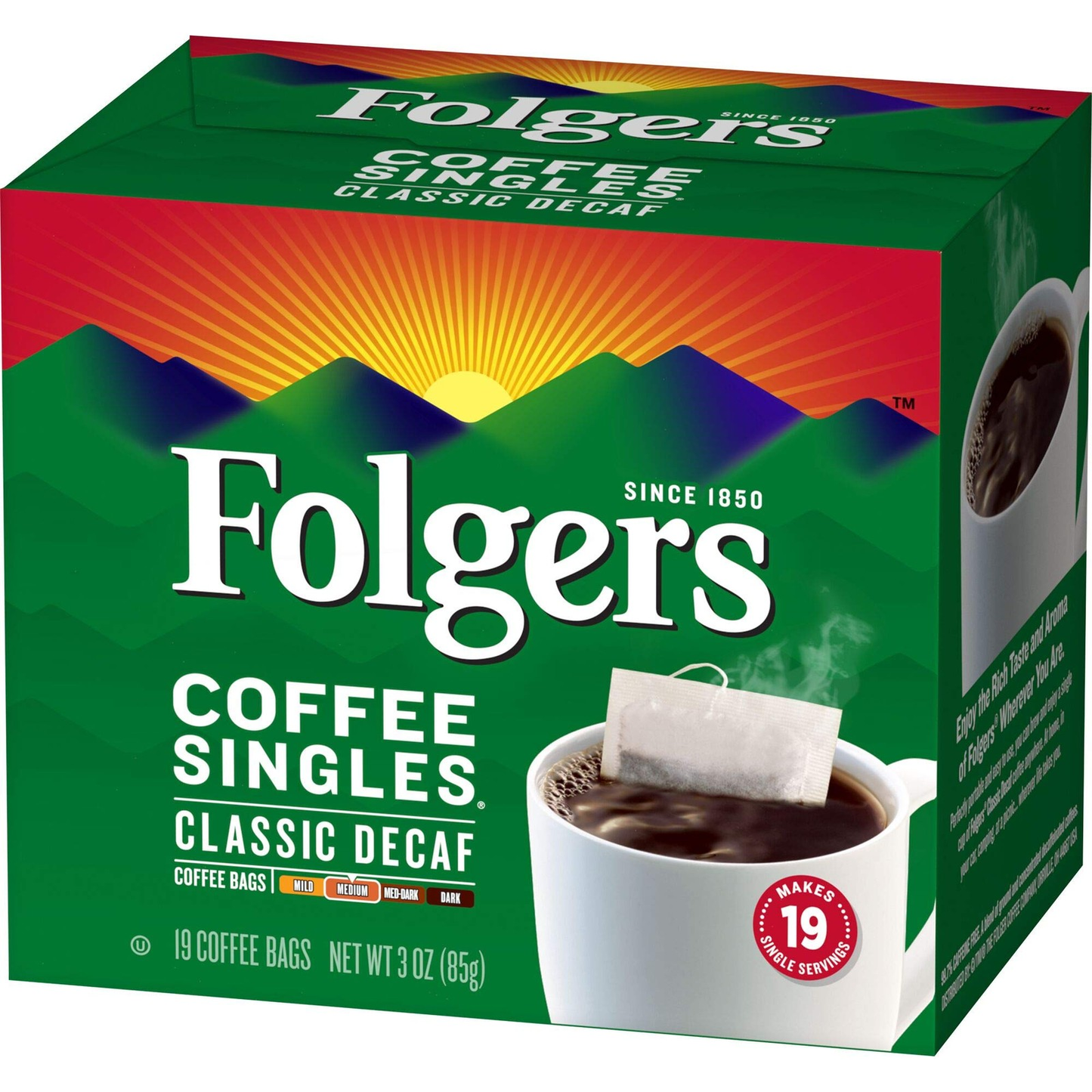 Folgers Classic Decaf Coffee Singles 19 Count Aromatic Flavor 99.7 Caffeine1 Free*Free shipping