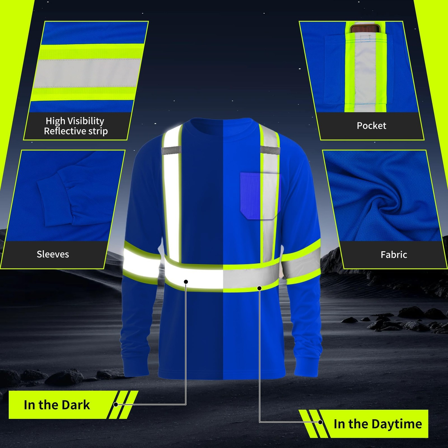 Hi-Vis Heavy Duty Men's Long Sleeve Reflective Safety T-Shirt (Free Shipping)