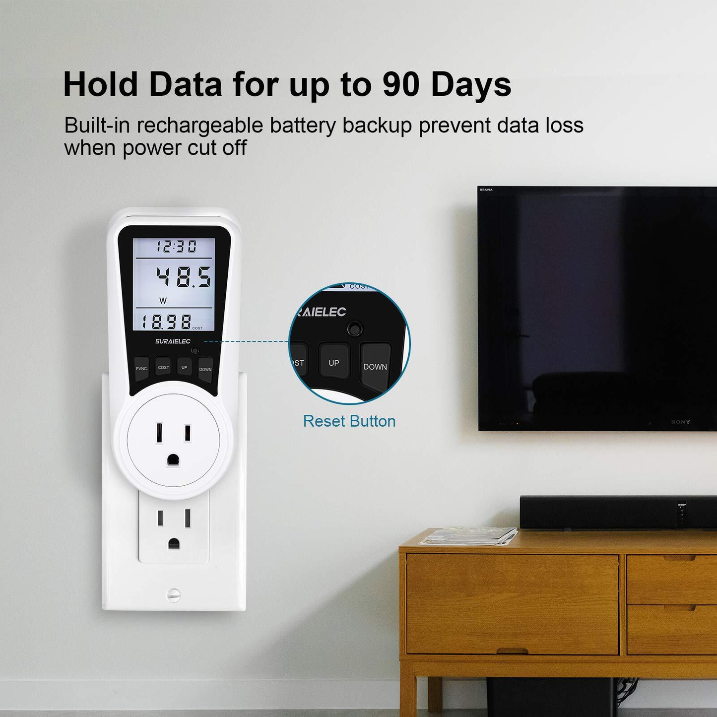 Watt Meter Plug-In Socket Power Meter with Auto Cost Calculator & Backlit LCD Display
