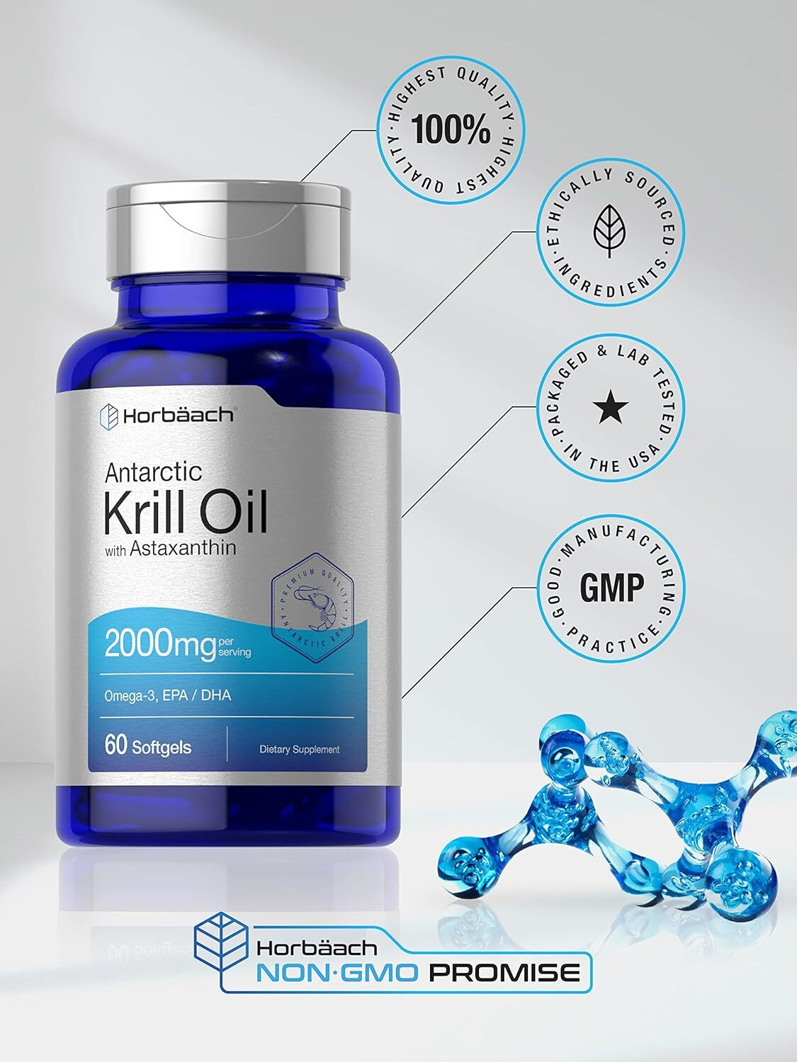 Horbaach Krill Oil 2000mg Omega-3 Softgels 60 Count Nutritional Supplement