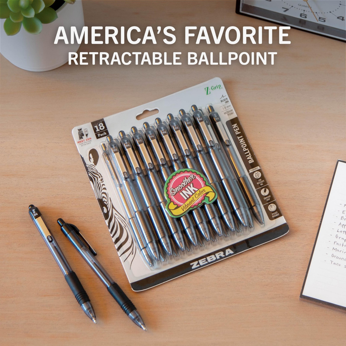 Zebra Z-Grip Retractable Ballpoint Pens 18 Pack 1.0mm Medium Black Ink