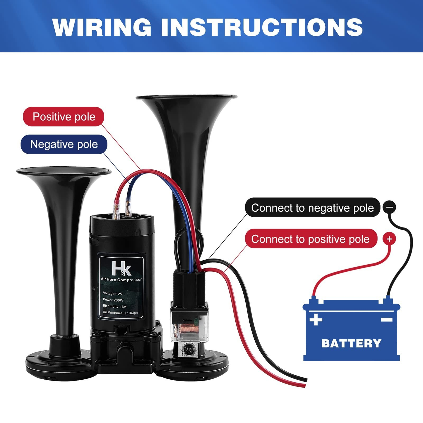 HK 12V 150dB Dual Trumpet Air Horn Kit with Compressor for Cars Trucks Boatsth Co...