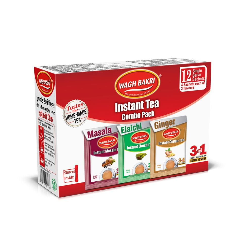 Wagh Bakri Instant Tea Premix Combo 12 Sachets | Cardamom, Ginger & Masala Chai Mix