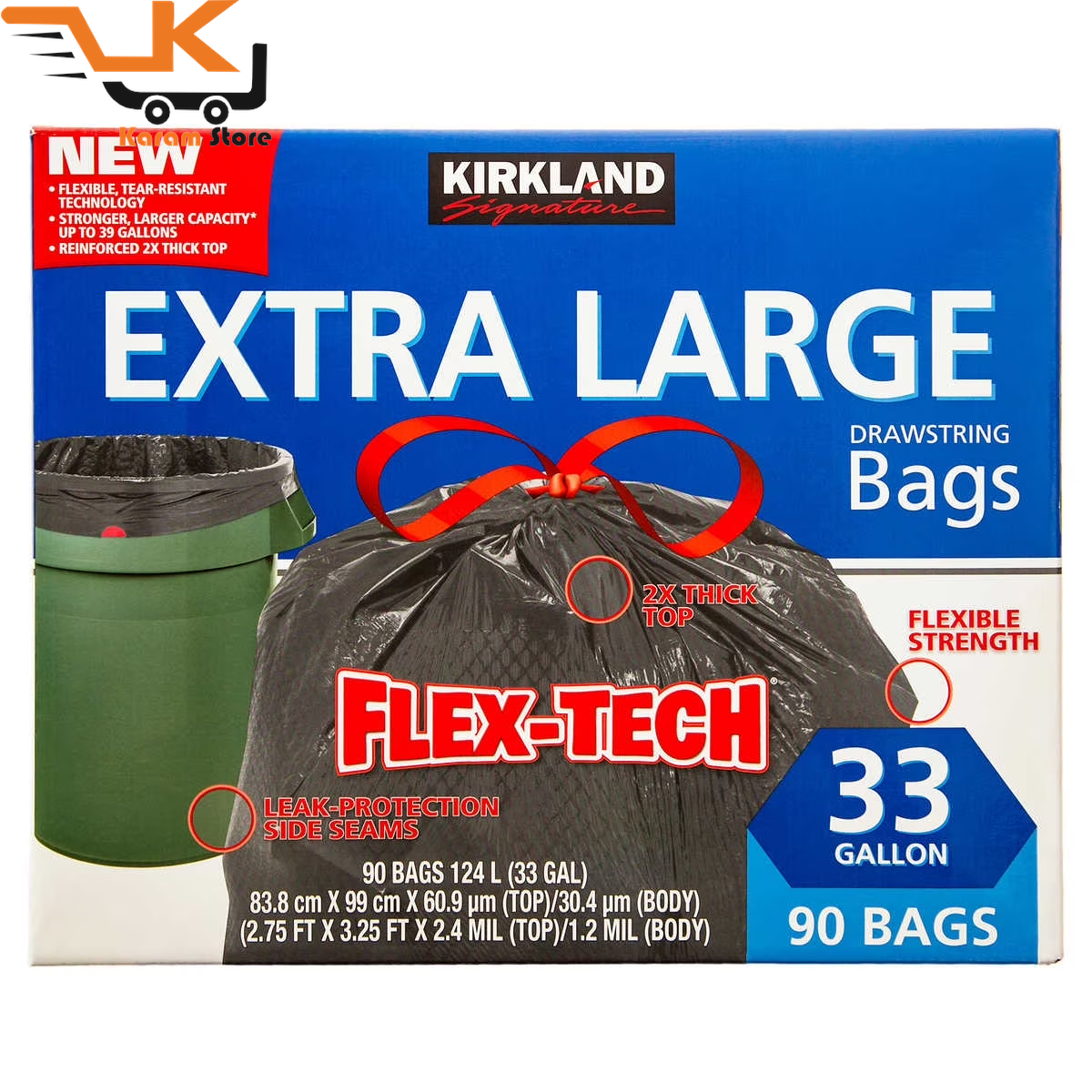 Kirkland Signature Flex-Tech 33 Gallon Trash Bags, 90 Count. Strong, flexible, tear-resistant garbage bags for large bins, home, office, and outdoor use. Free shipping.
