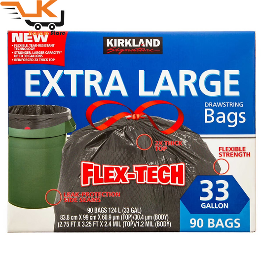 Kirkland Signature Flex-Tech 33 Gallon Trash Bags, 90 Count. Strong, flexible, tear-resistant garbage bags for large bins, home, office, and outdoor use. Free shipping.