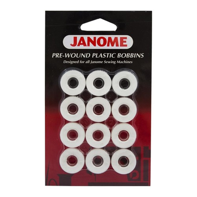 Janome Pre-Wound White Polyester Bobbins | 12 Pack, Class 15/15J, 80 Yards | FREE SHIPPING